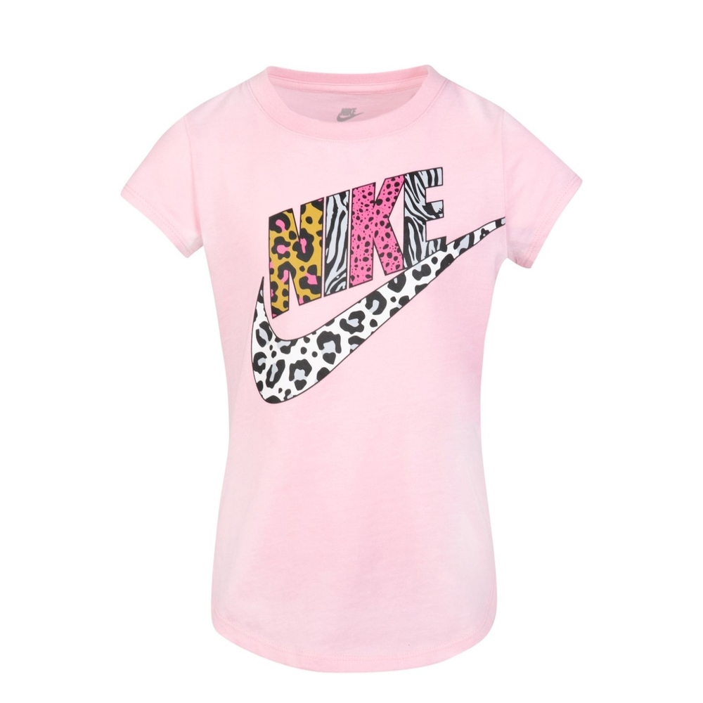 * Nike Girls Leopard Futura Logo Graphic Short Sleeves Tee Summer Shirt Pink 4
